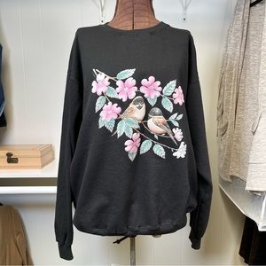 Vintage 90s Black Oversized Sweatshirt Puffy Graphic Cutesy Birds & Flowers